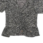 MORGAN Womens Y2K Black Printed Puff Sleeve V-Neck Top M Floral Pattern