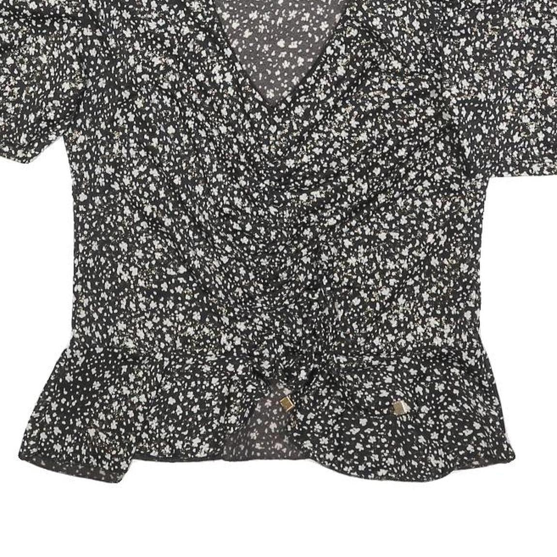 MORGAN Womens Y2K Black Printed Puff Sleeve V-Neck Top M Floral Pattern