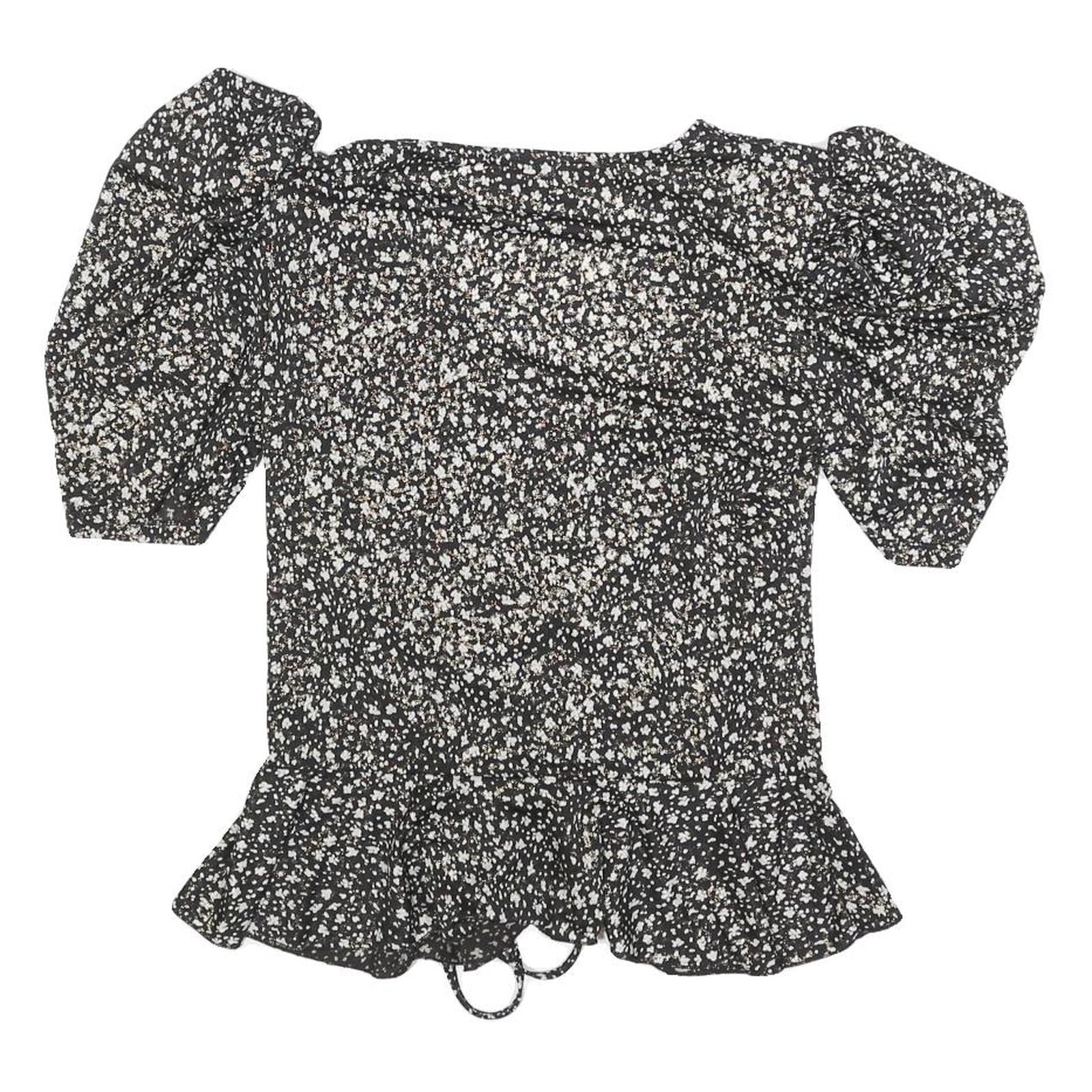 MORGAN Womens Y2K Black Printed Puff Sleeve V-Neck Top M Floral Pattern