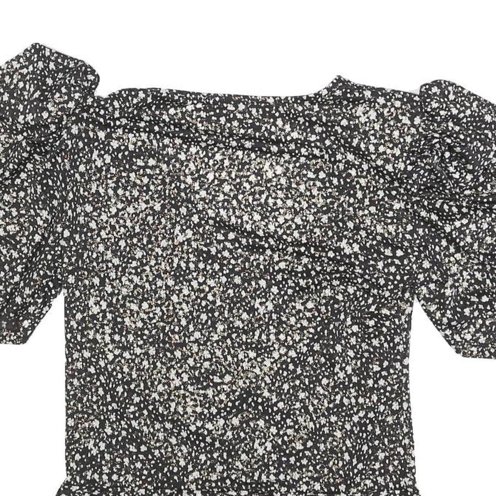 MORGAN Womens Y2K Black Printed Puff Sleeve V-Neck Top M Floral Pattern