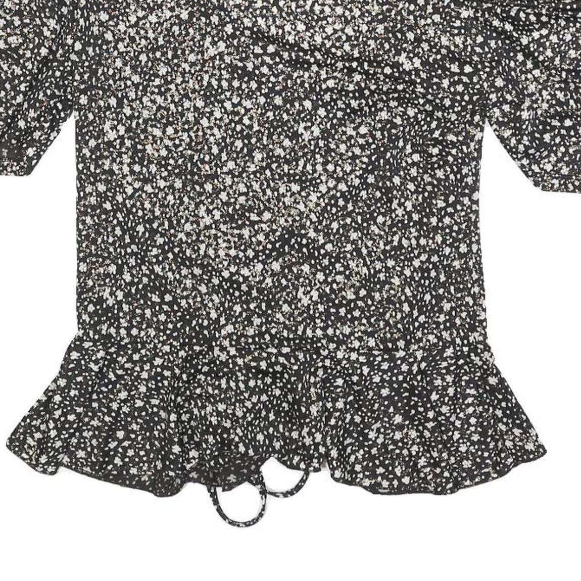 MORGAN Womens Y2K Black Printed Puff Sleeve V-Neck Top M Floral Pattern