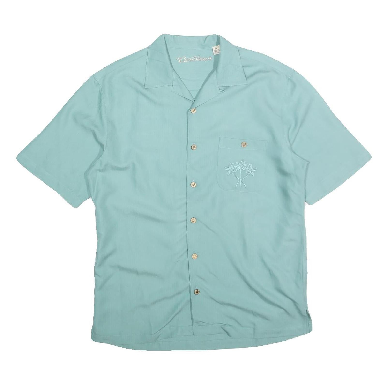 CARRIBEAN Mens Blue Rayon Shirt M Palm Tree Embroidered Casual Beachwear