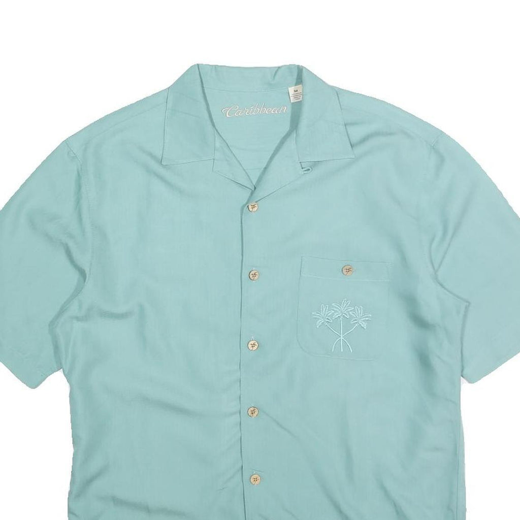 CARRIBEAN Mens Blue Rayon Shirt M Palm Tree Embroidered Casual Beachwear