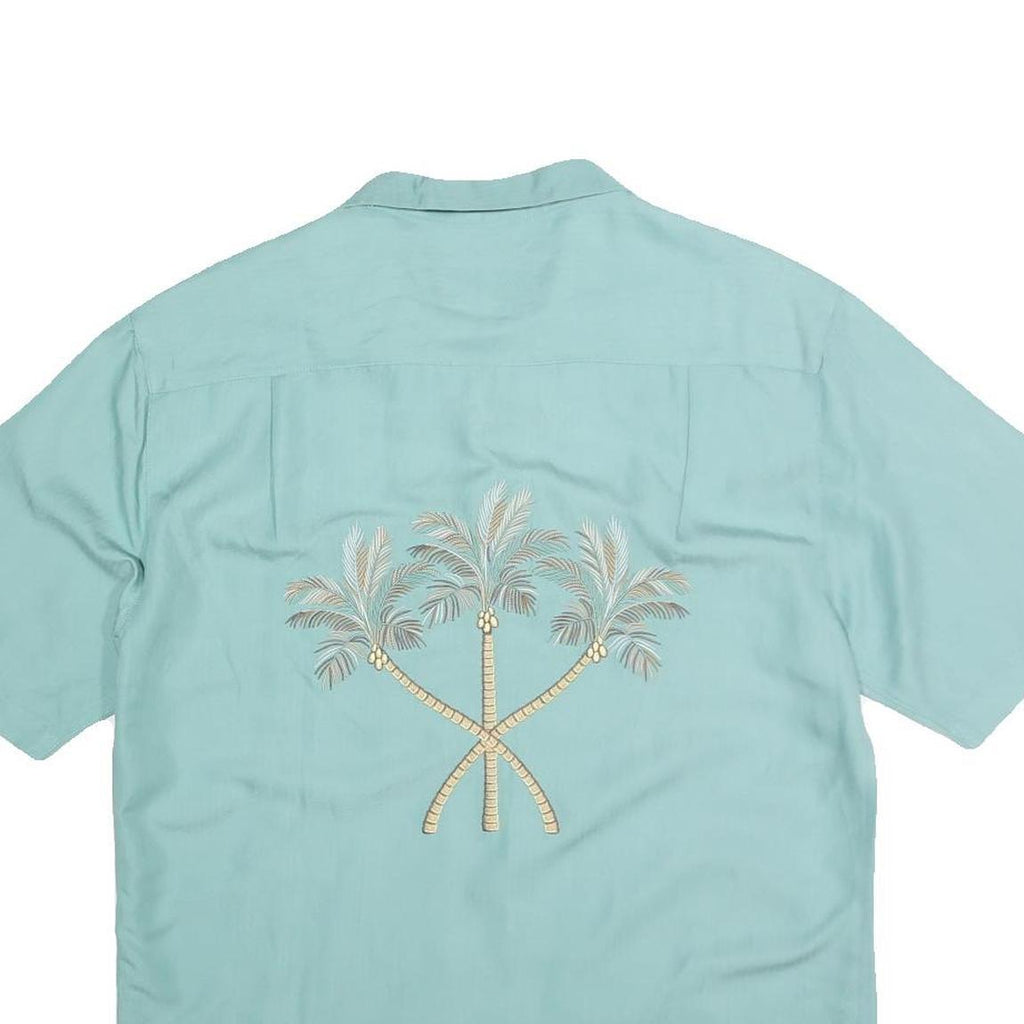 CARRIBEAN Mens Blue Rayon Shirt M Palm Tree Embroidered Casual Beachwear