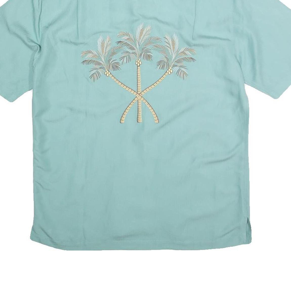 CARRIBEAN Mens Blue Rayon Shirt M Palm Tree Embroidered Casual Beachwear