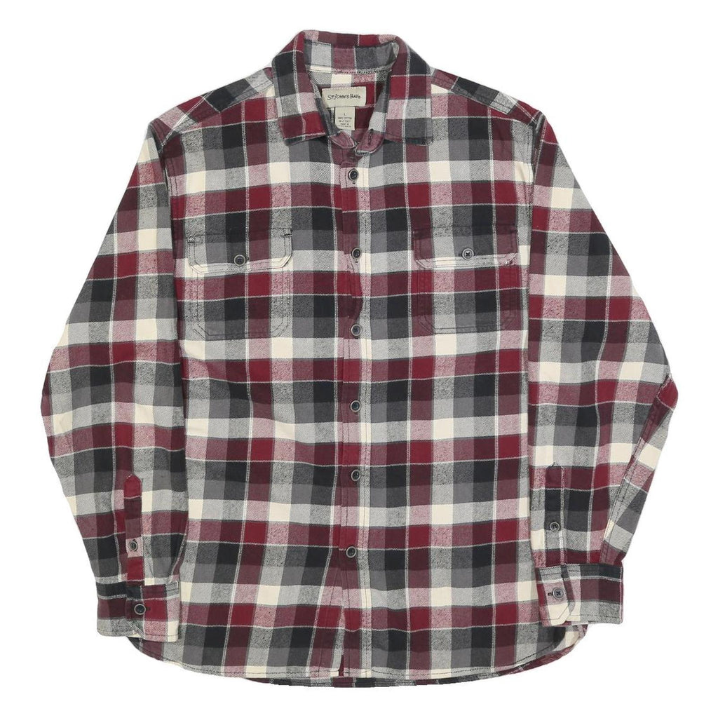 ST JOHNS BAY Mens Red Black & Cream Check Shirt L Cotton Flannel Long Sleeve
