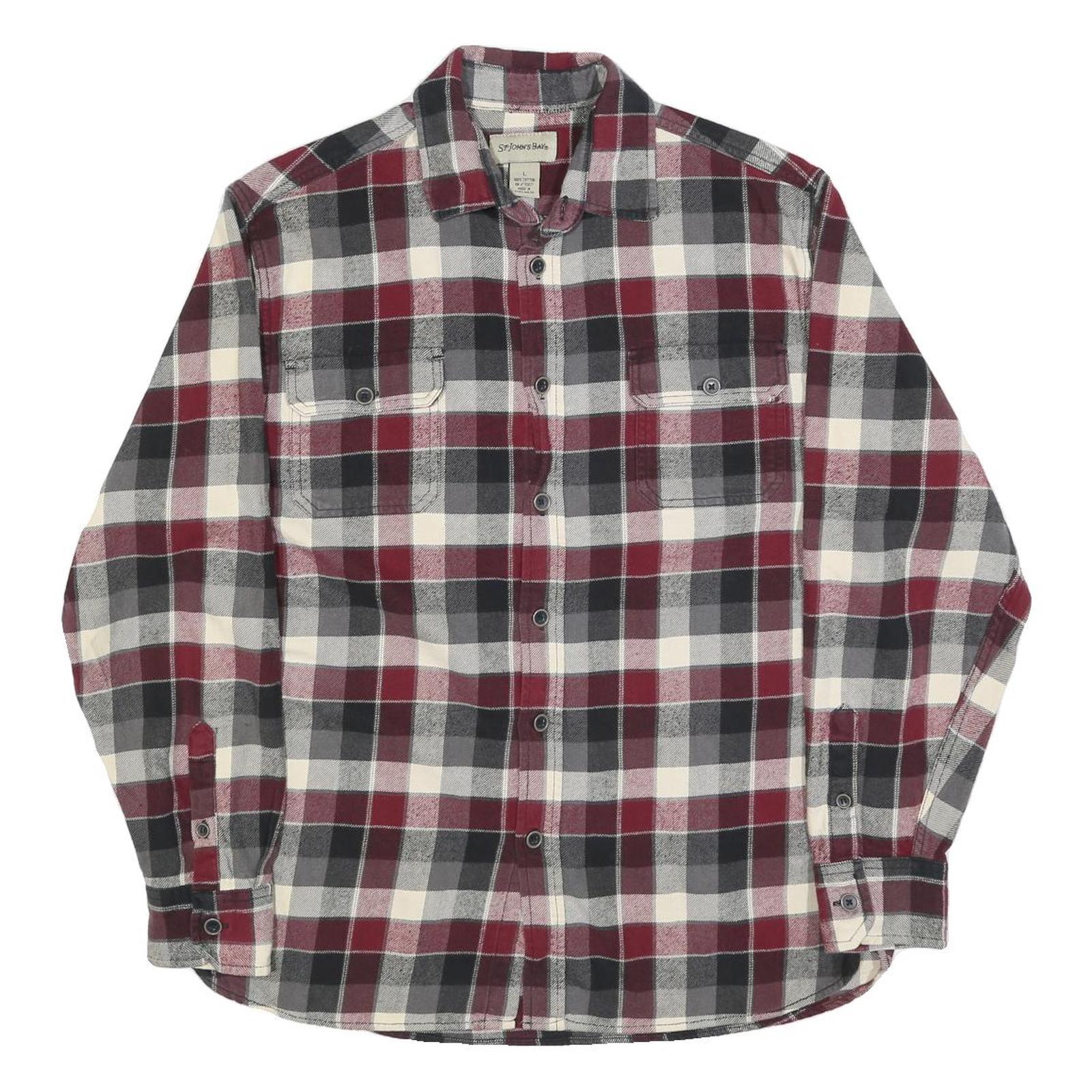 ST JOHNS BAY Mens Red Black & Cream Check Shirt L Cotton Flannel Long Sleeve