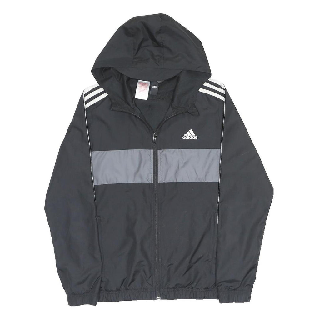 ADIDAS Boys Black & Grey Track Jacket 13-14Y Polyester Zip Hooded