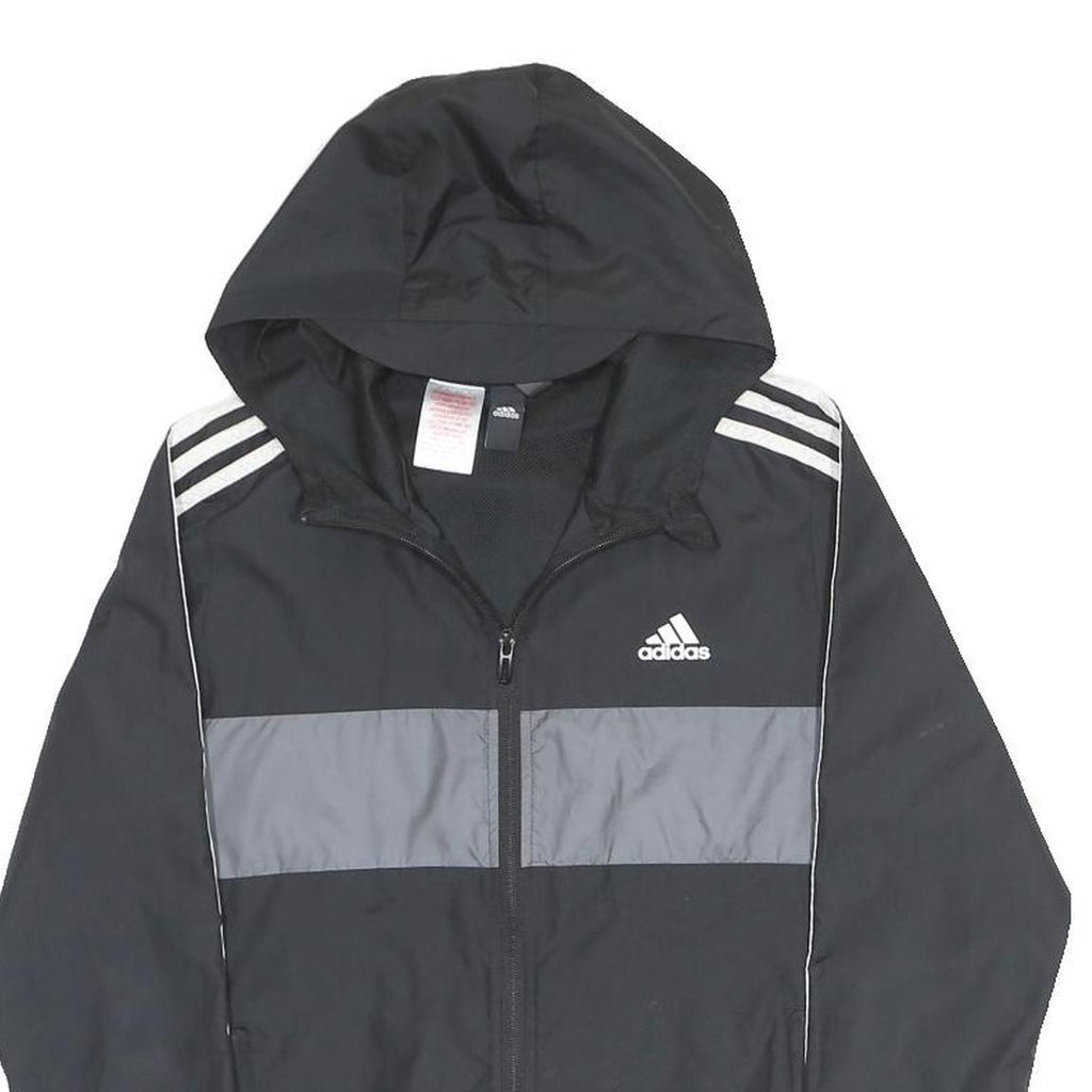 ADIDAS Boys Black & Grey Track Jacket 13-14Y Polyester Zip Hooded