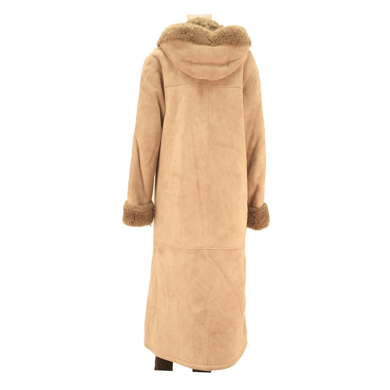 Womens Beige Hooded Long Jacket M Cotton Blend Button Closure Winter Wear