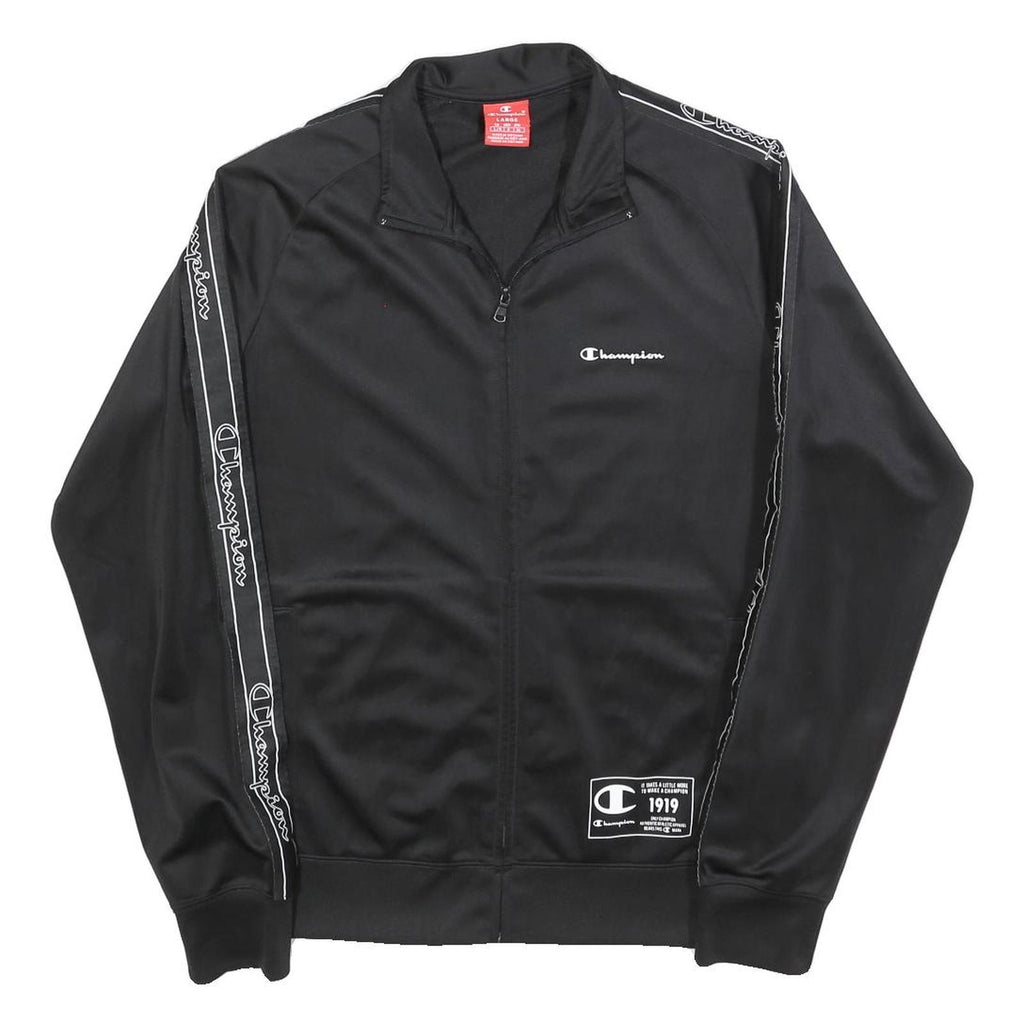 CHAMPION Mens Black Zip Track Jacket L Polyester Blend Logo Tape Casual
