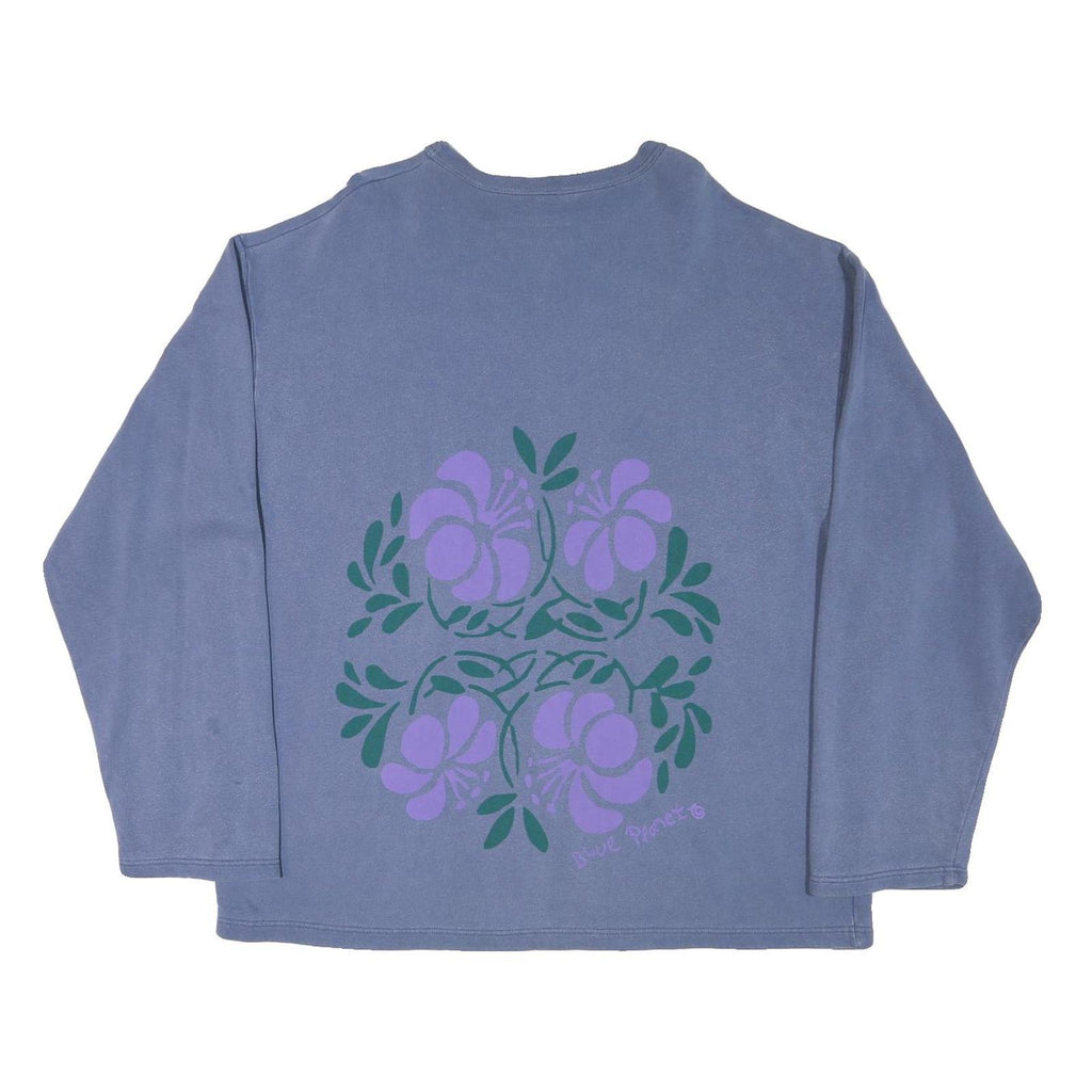 Mens Blue Sweatshirt XL Floral Graphic Crew Neck Cotton Blend Casual