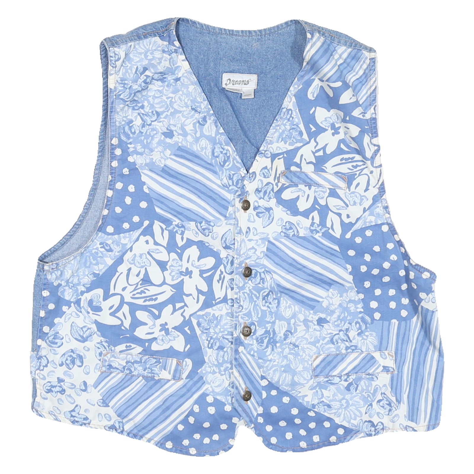 DREAMS Mens Blue & White Floral Patchwork Cotton Blend Waistcoat M Vest