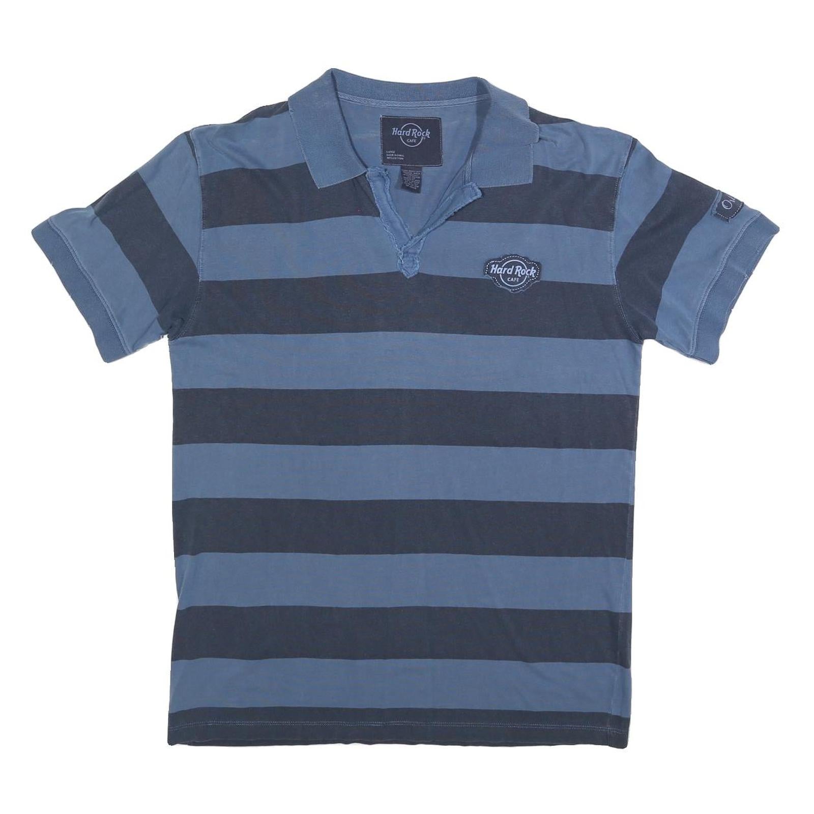HARD ROCK CAFE Mens Blue & Navy Drum Kit Stripe Short Sleeve Polo Shirt L