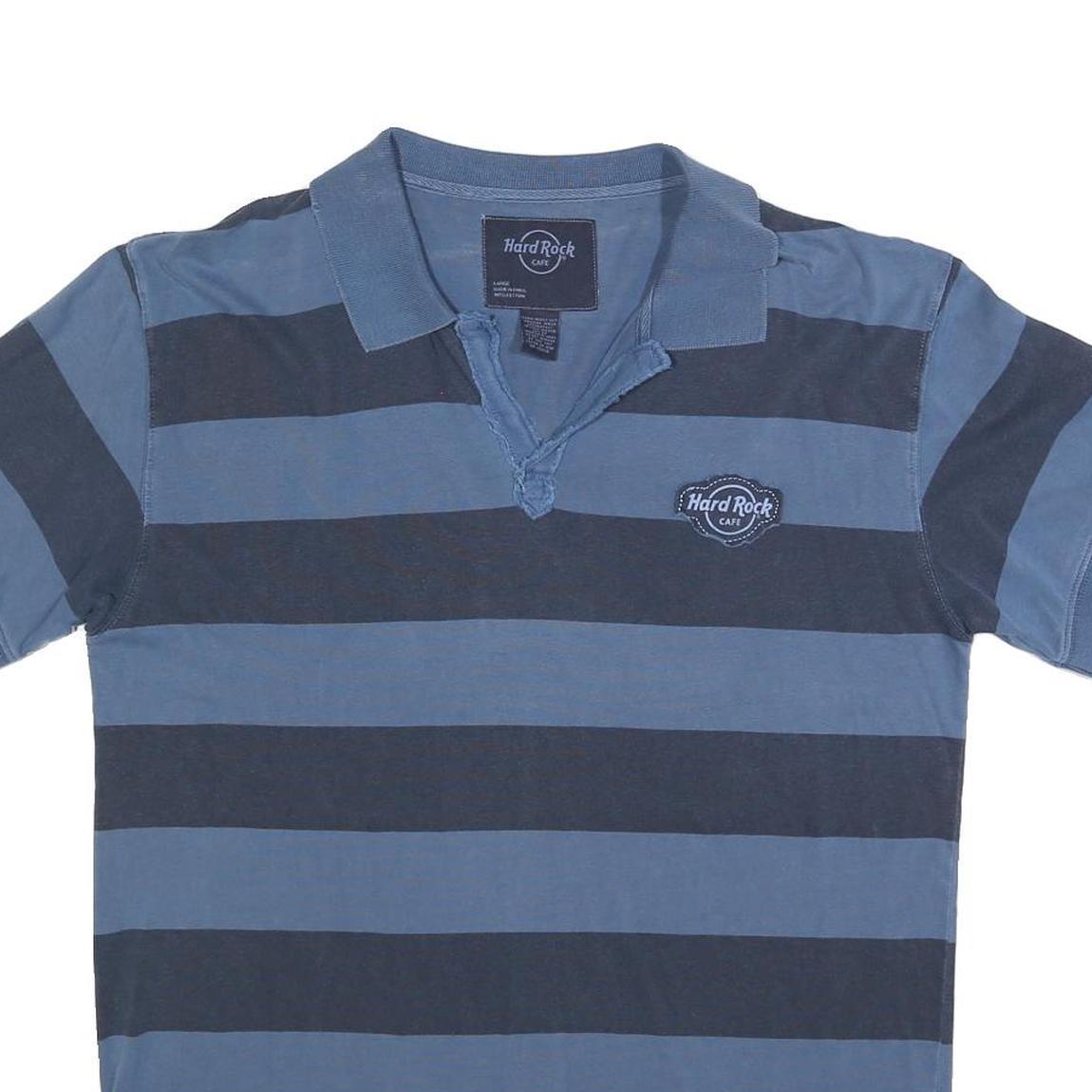 HARD ROCK CAFE Mens Blue & Navy Drum Kit Stripe Short Sleeve Polo Shirt L