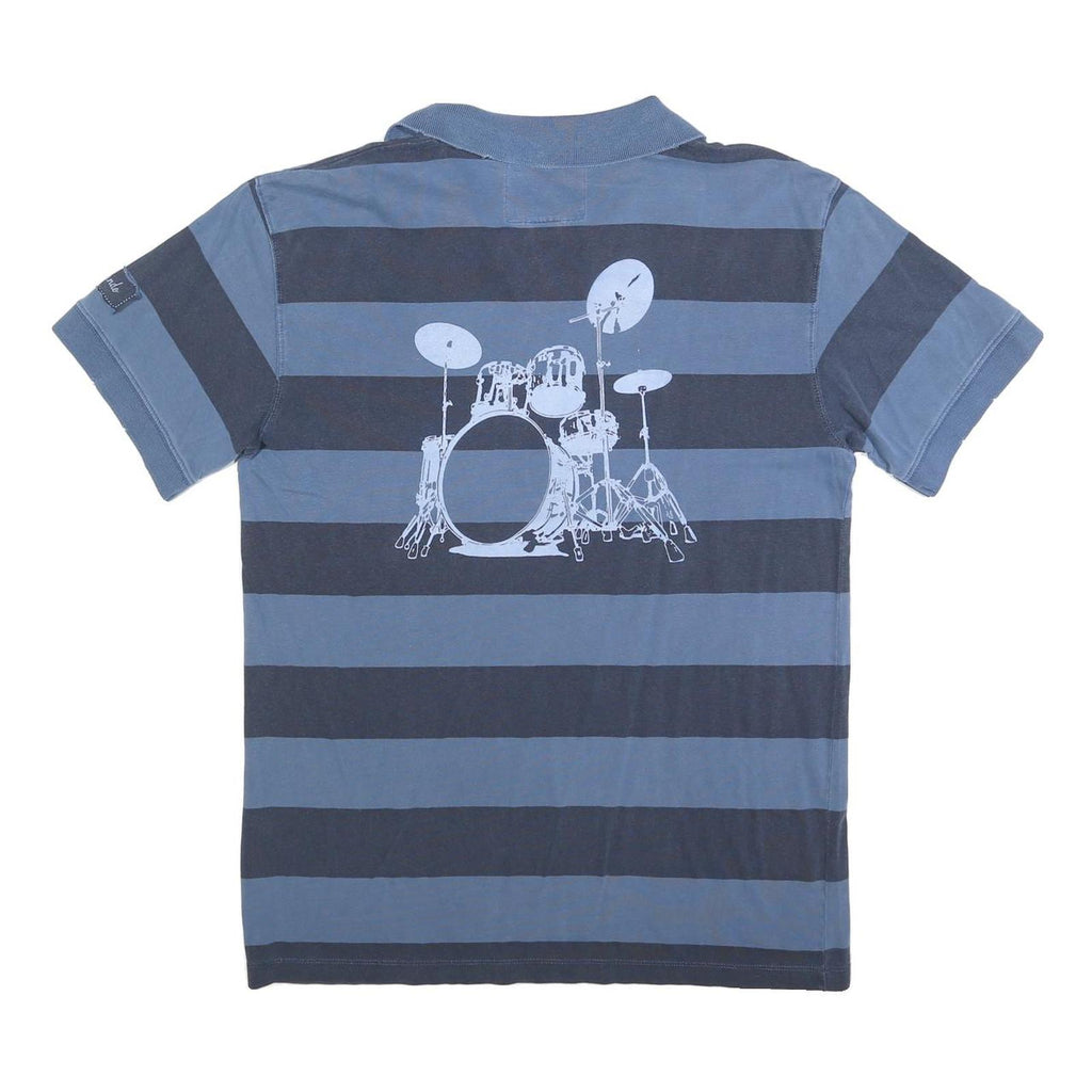 HARD ROCK CAFE Mens Blue & Navy Drum Kit Stripe Short Sleeve Polo Shirt L