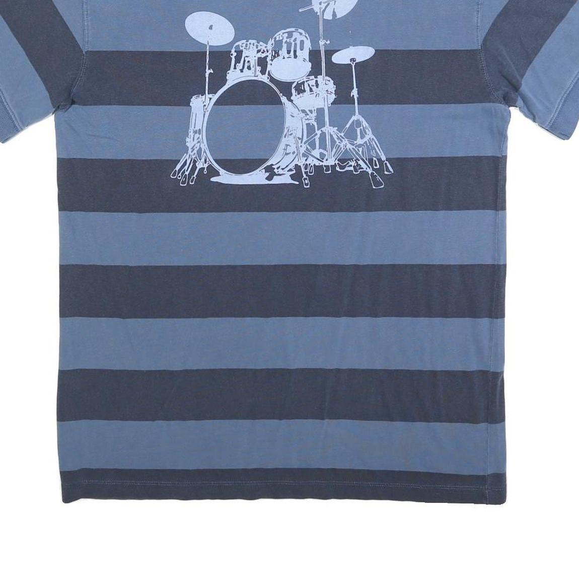 HARD ROCK CAFE Mens Blue & Navy Drum Kit Stripe Short Sleeve Polo Shirt L