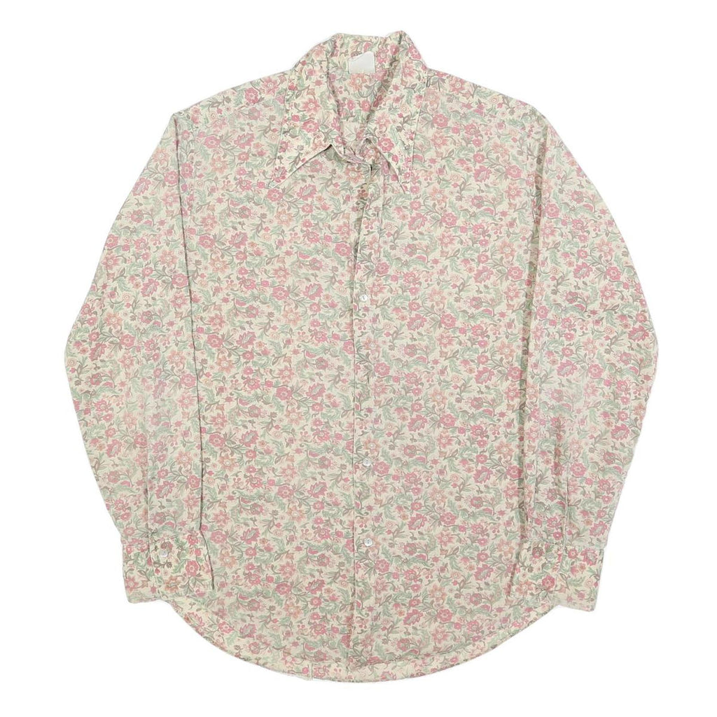 Mens Beige Floral Cotton Blend Shirt L Vintage Style Button Closure