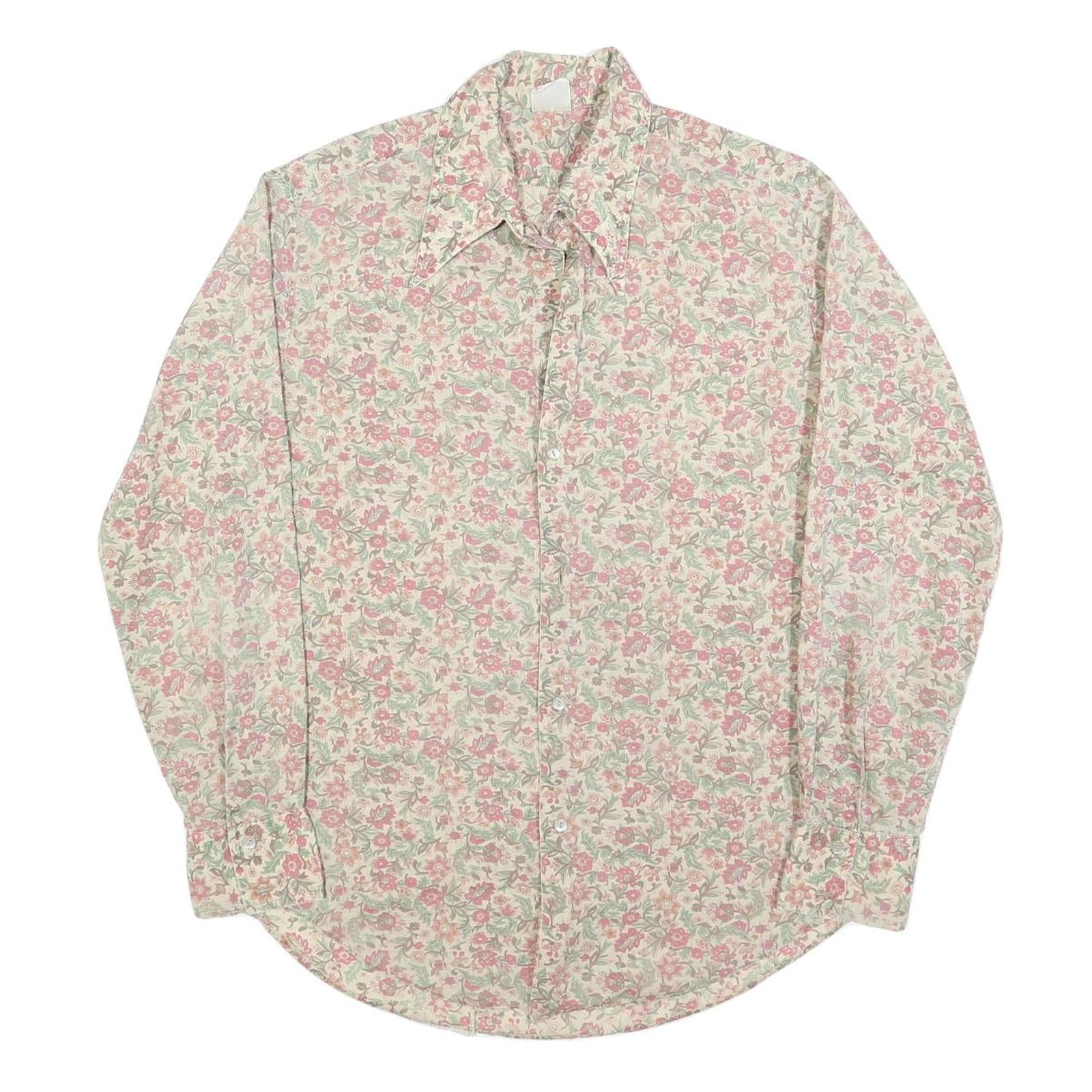 Mens Beige Floral Cotton Blend Shirt L Vintage Style Button Closure