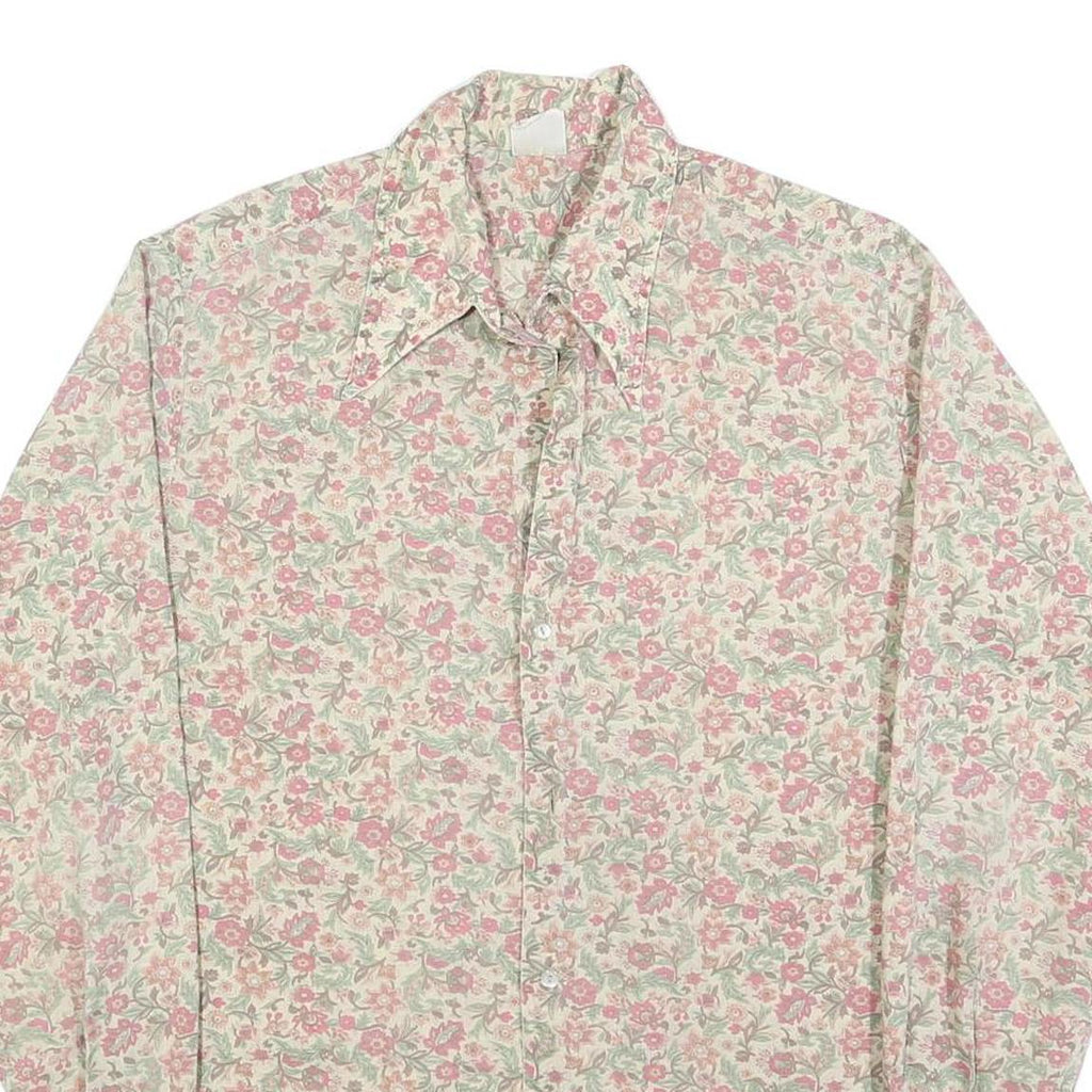Mens Beige Floral Cotton Blend Shirt L Vintage Style Button Closure