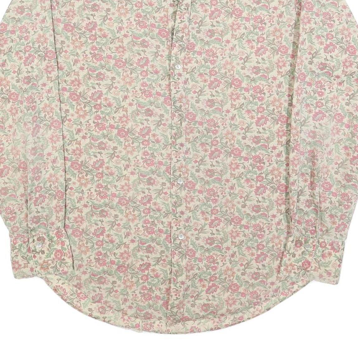 Mens Beige Floral Cotton Blend Shirt L Vintage Style Button Closure