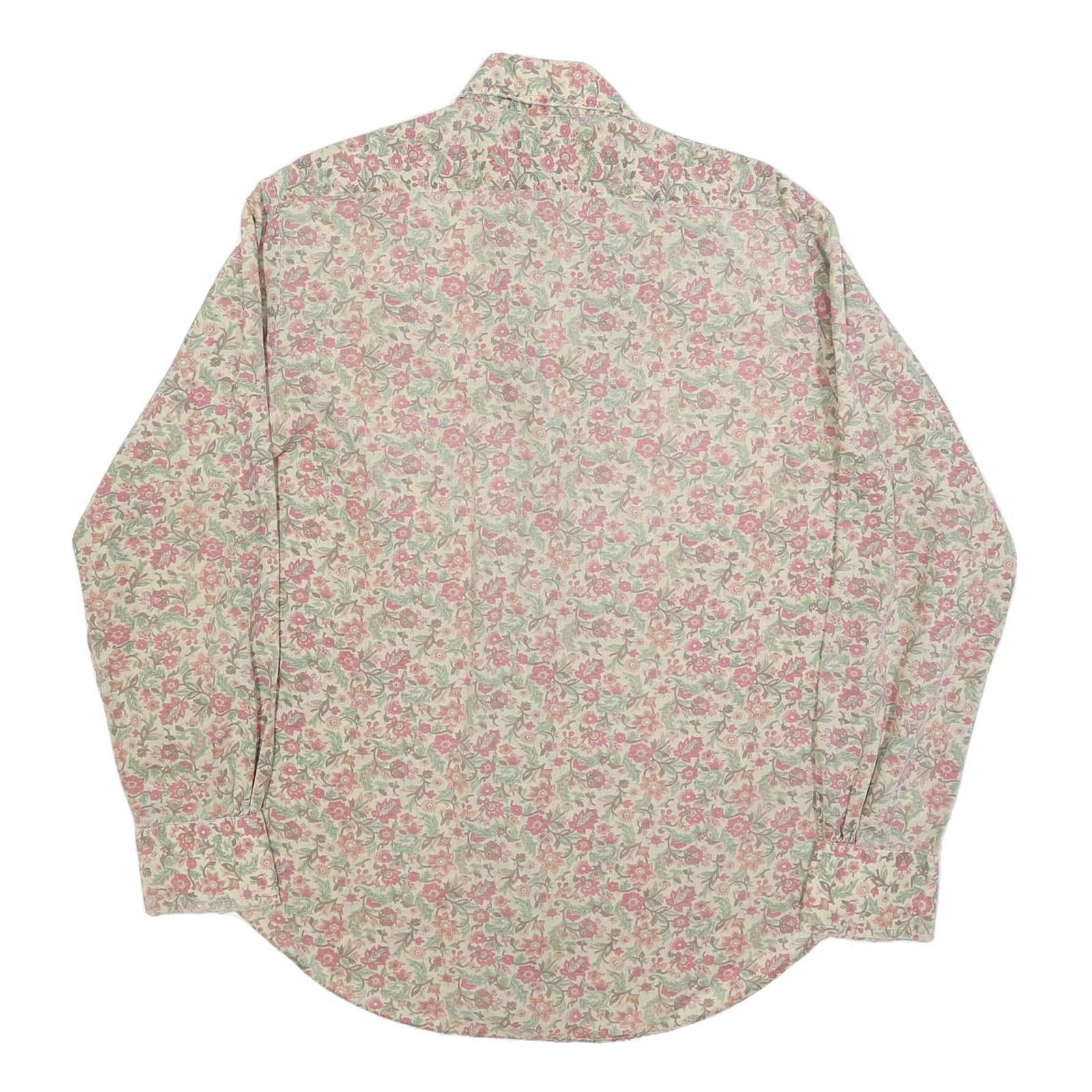 Mens Beige Floral Cotton Blend Shirt L Vintage Style Button Closure