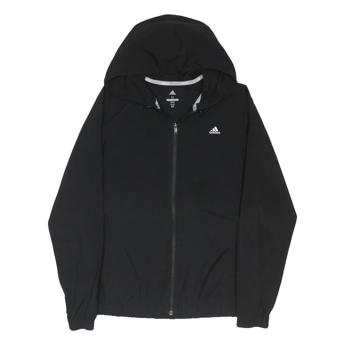 ADIDAS Mens Black Golf Jacket M Polyester Blend Zip Hooded Plain Lightweight