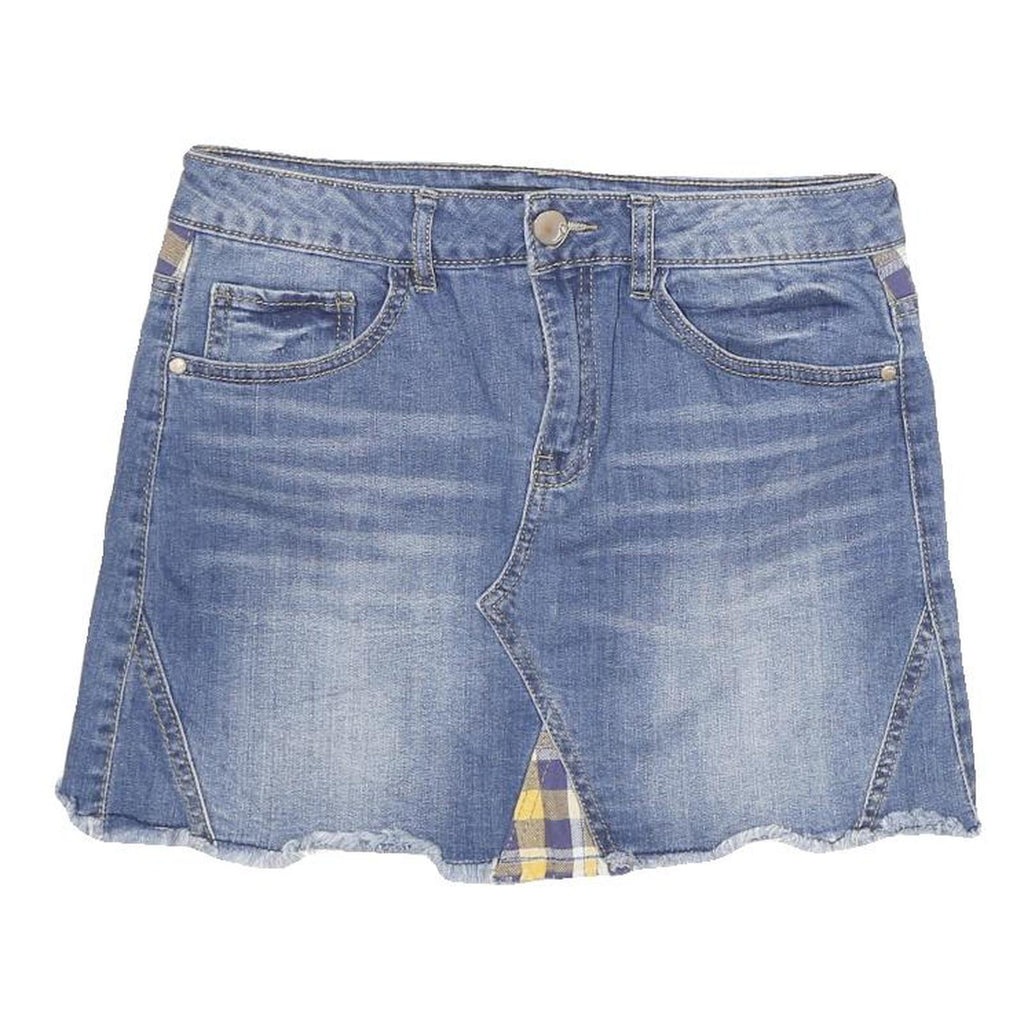 DOLLHOUSE Womens Blue Mini Denim Cotton Blend Skirt Plaid Inserts Size M Casual