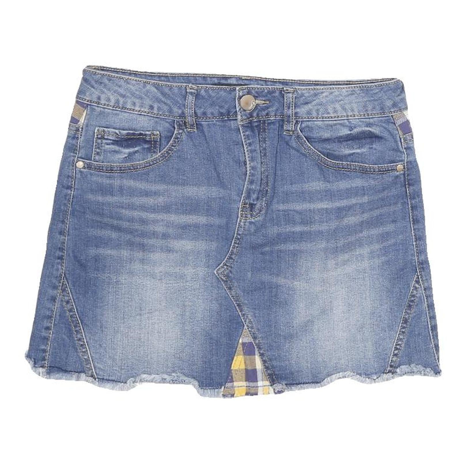 DOLLHOUSE Womens Blue Mini Denim Cotton Blend Skirt Plaid Inserts Size M Casual