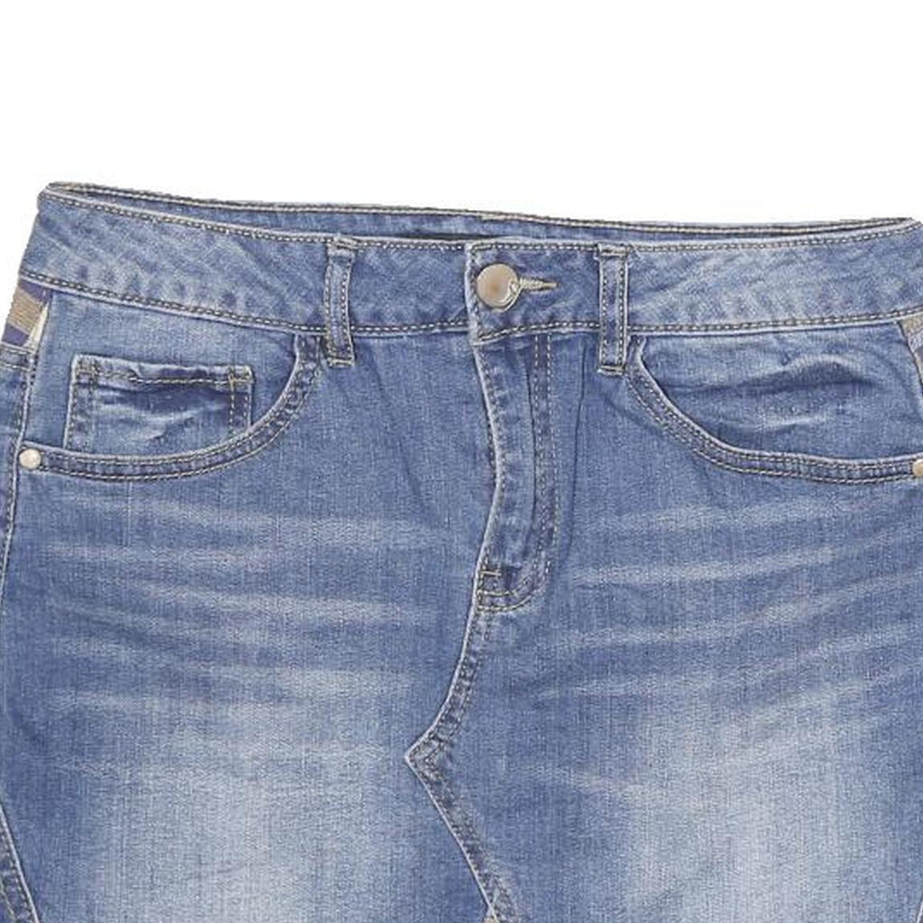 DOLLHOUSE Womens Blue Mini Denim Cotton Blend Skirt Plaid Inserts Size M Casual