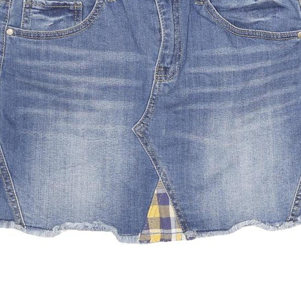 DOLLHOUSE Womens Blue Mini Denim Cotton Blend Skirt Plaid Inserts Size M Casual