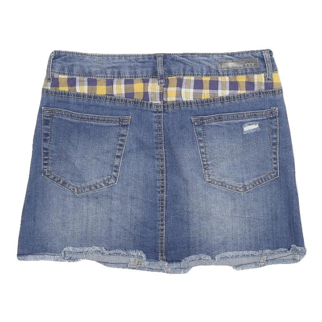 DOLLHOUSE Womens Blue Mini Denim Cotton Blend Skirt Plaid Inserts Size M Casual