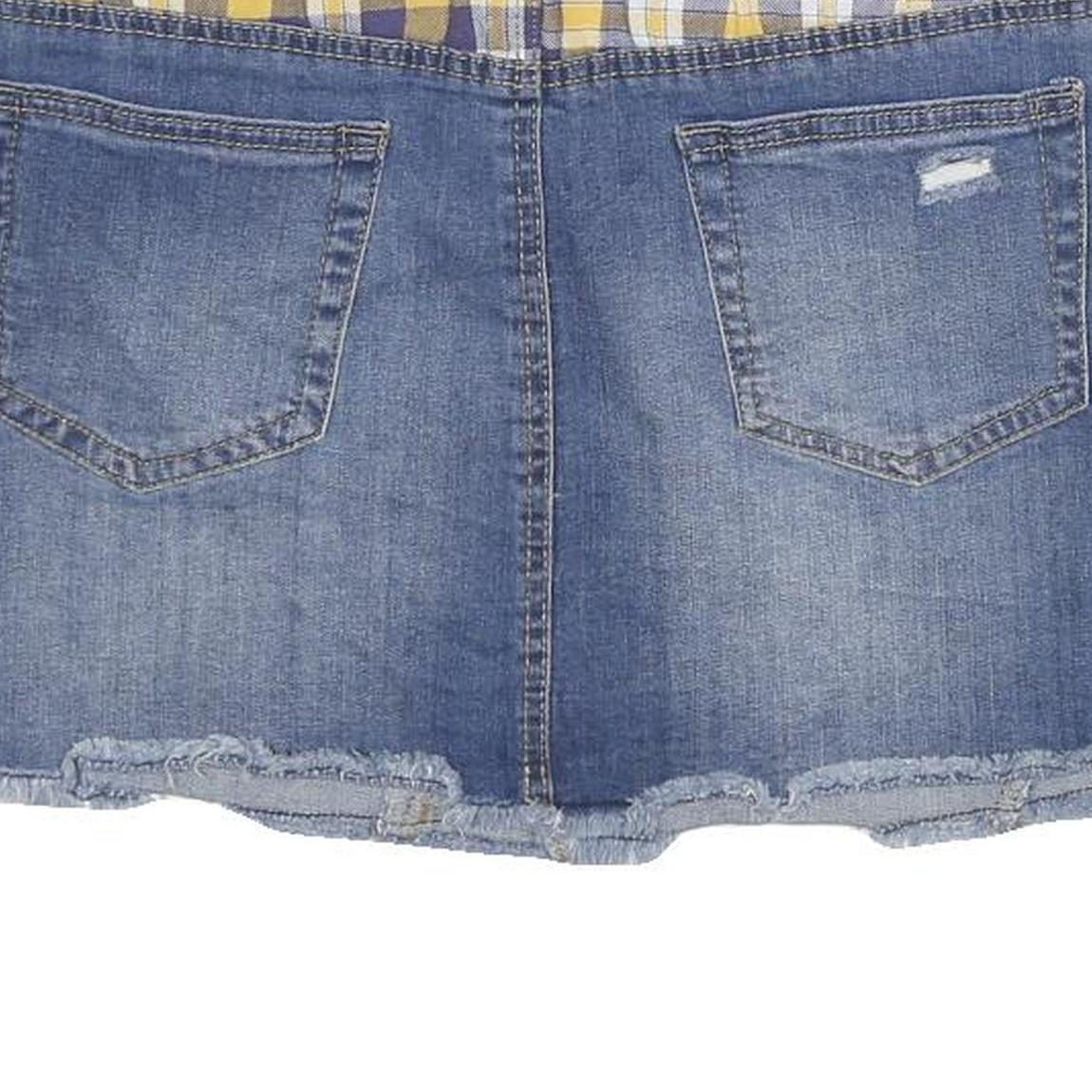 DOLLHOUSE Womens Blue Mini Denim Cotton Blend Skirt Plaid Inserts Size M Casual