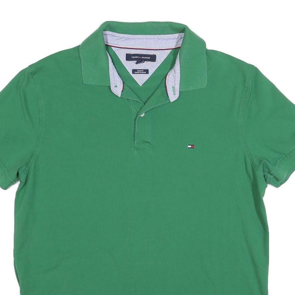 TOMMY HILFIGER Mens Green Slim Fit Short Sleeve Polo Shirt L Cotton Blend