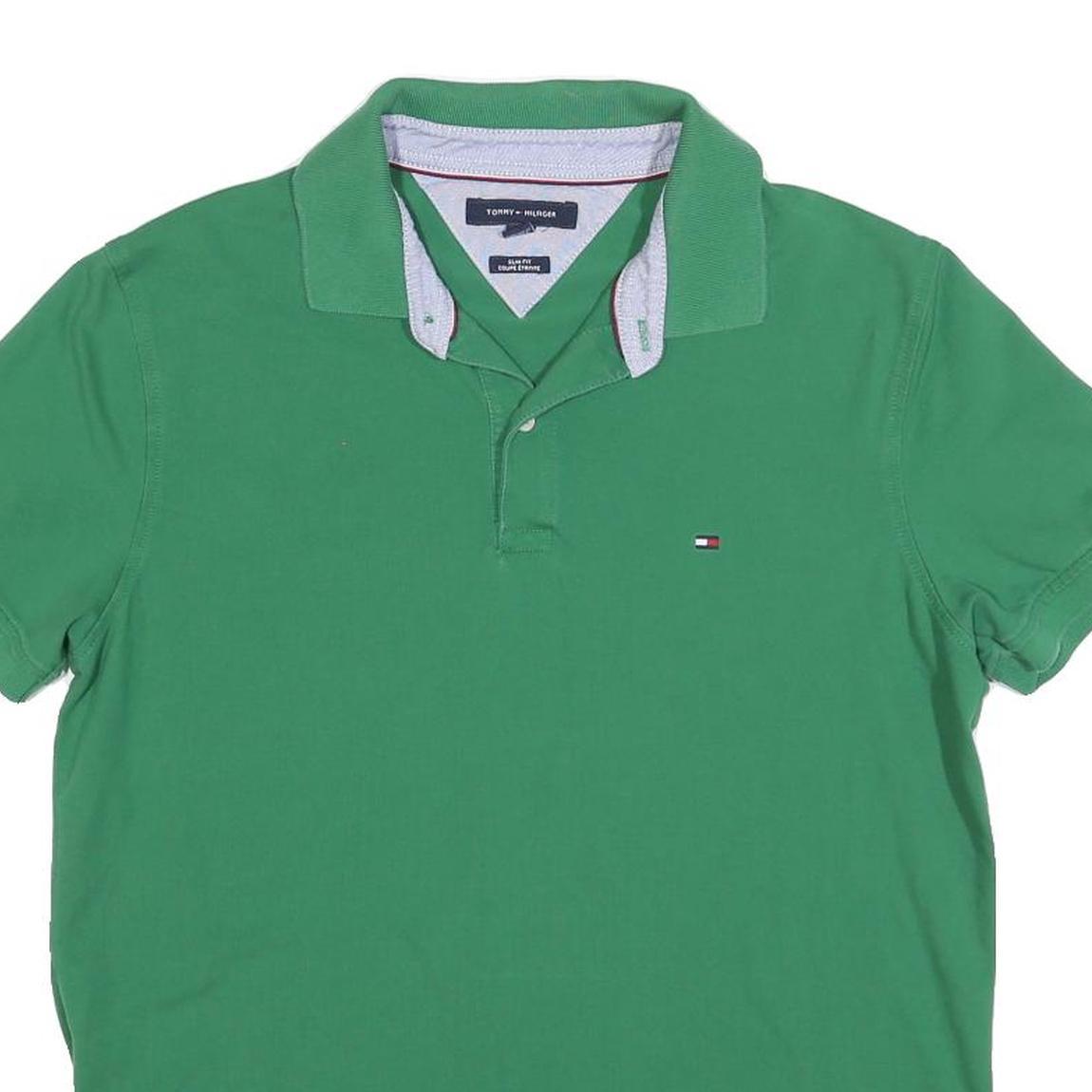TOMMY HILFIGER Mens Green Slim Fit Short Sleeve Polo Shirt L Cotton Blend