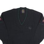 GRANCHO Mens Black Patterned V-Neck Jumper Wool M Cable Knit Relaxed