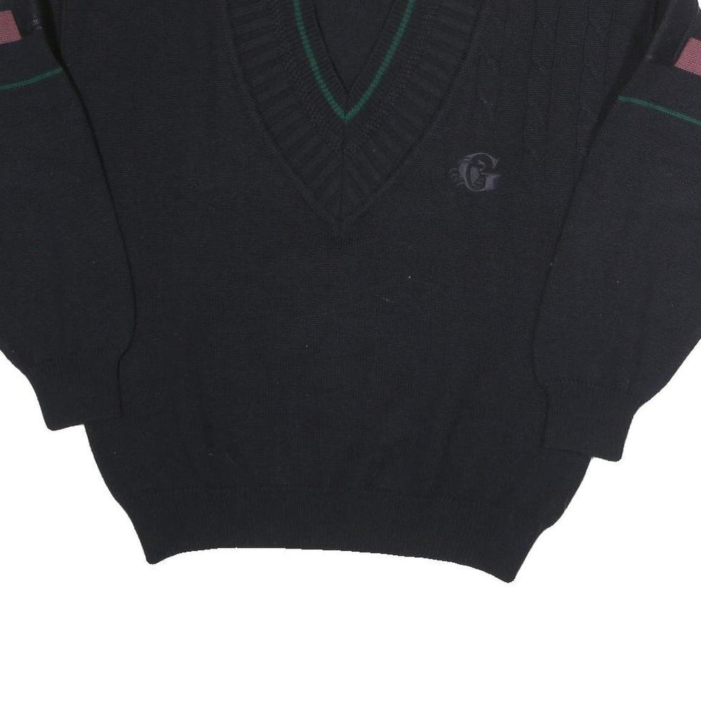 GRANCHO Mens Black Patterned V-Neck Jumper Wool M Cable Knit Relaxed