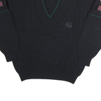 GRANCHO Mens Black Patterned V-Neck Jumper Wool M Cable Knit Relaxed