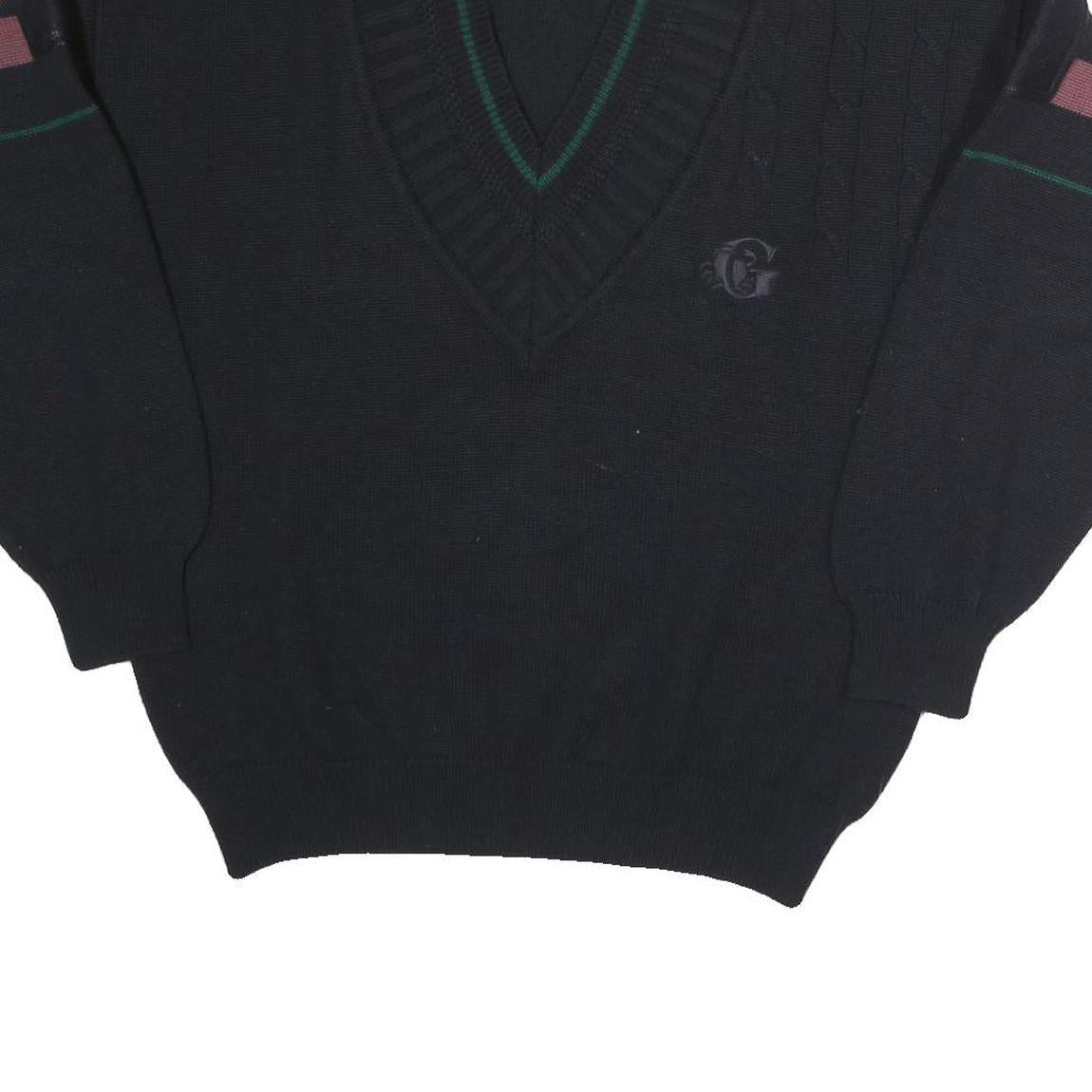 GRANCHO Mens Black Patterned V-Neck Jumper Wool M Cable Knit Relaxed