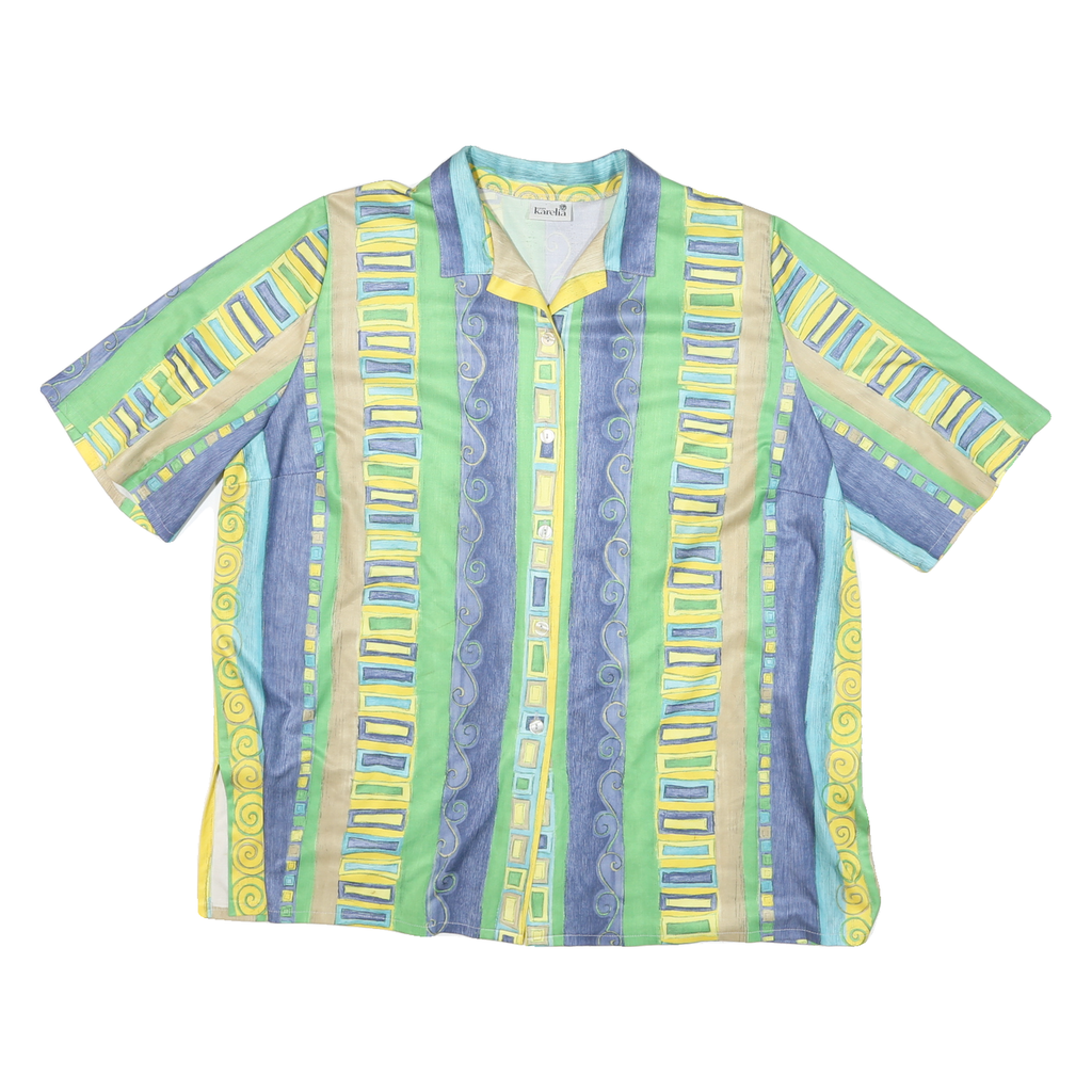 KARELIA Womens Green Yellow Blue Cotton Blend Shirt XL Striped Summer Casual