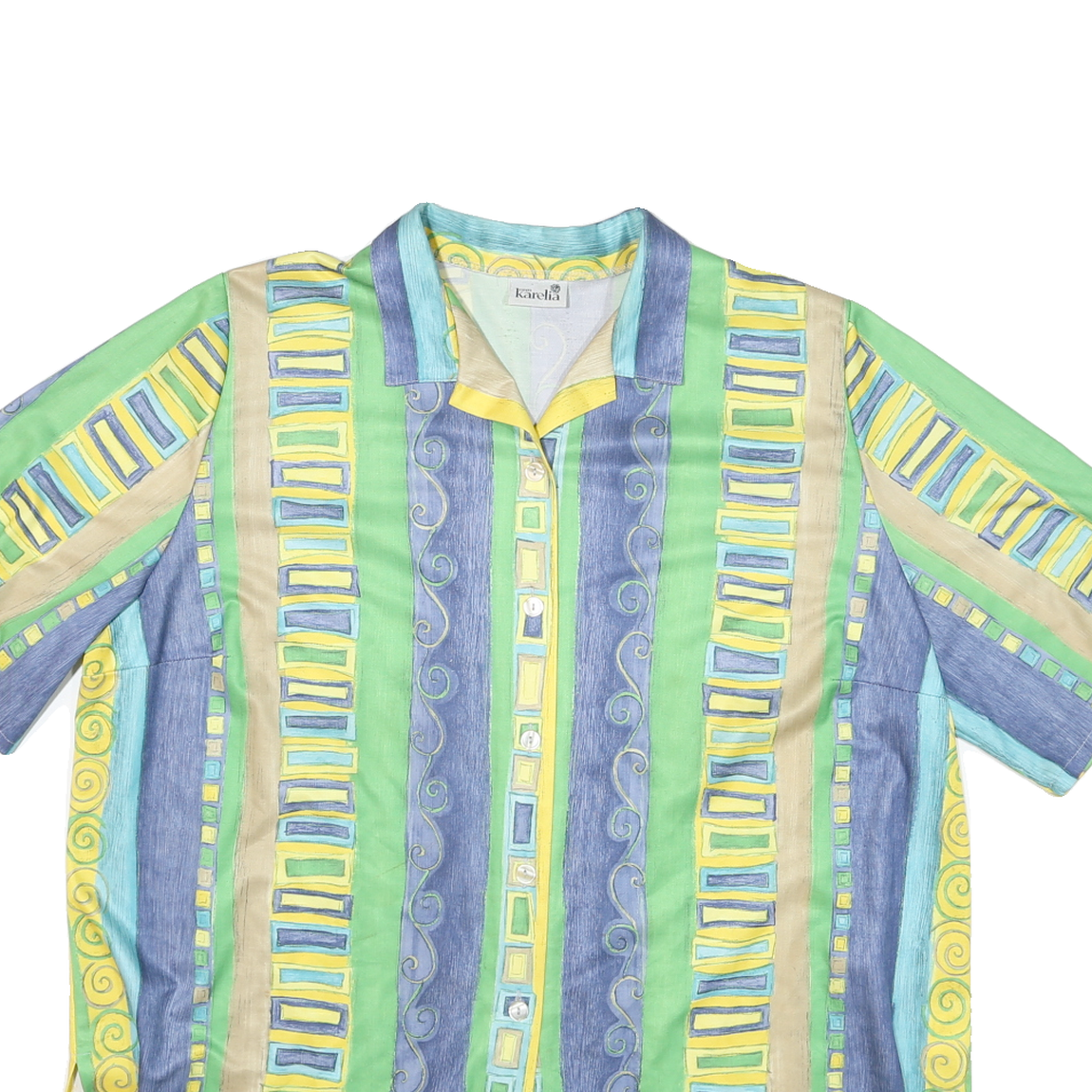 KARELIA Womens Green Yellow Blue Cotton Blend Shirt XL Striped Summer Casual