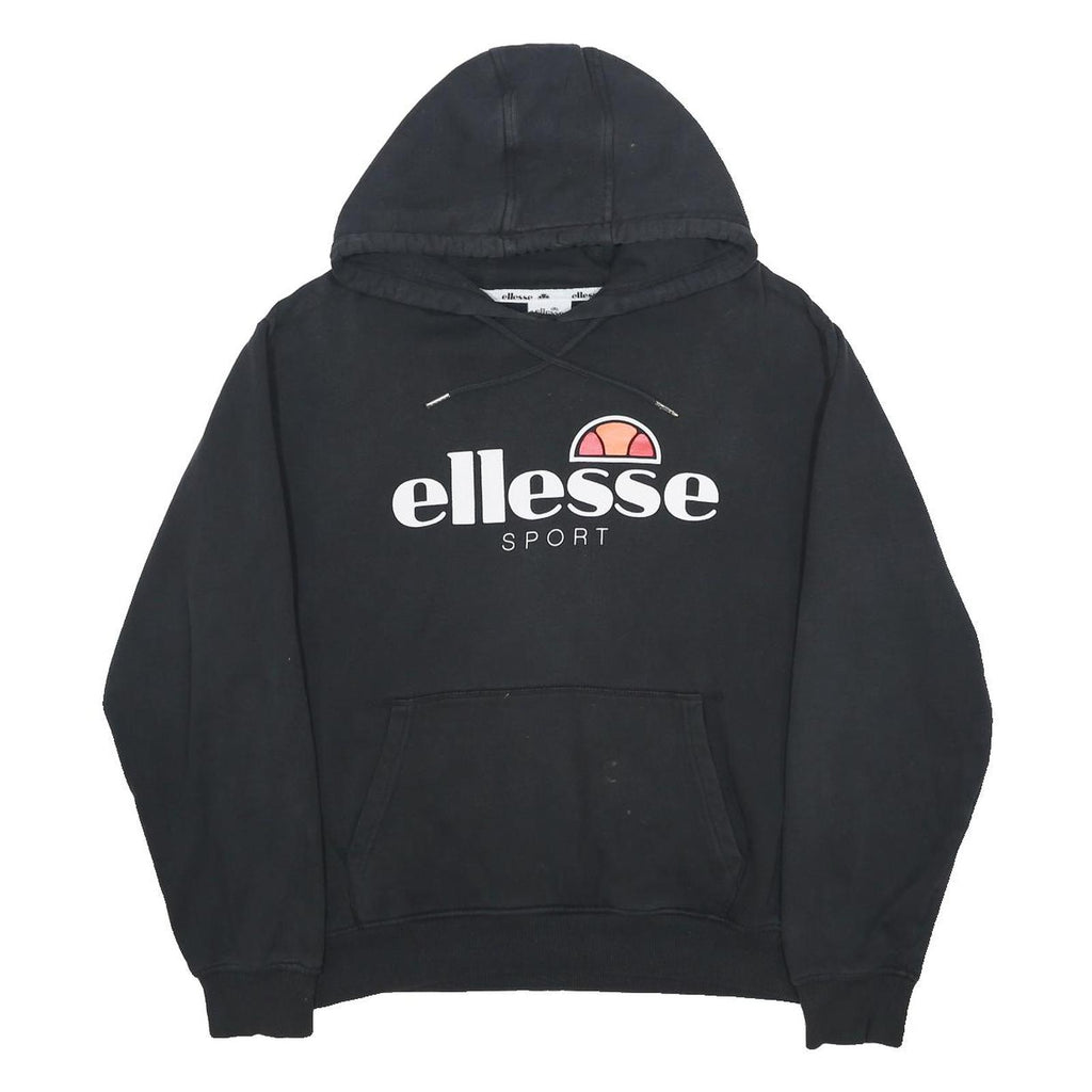 ELLESSE Womens Black Hoodie UK 14 Cotton Blend Pullover Logo Sport Sweatshirt