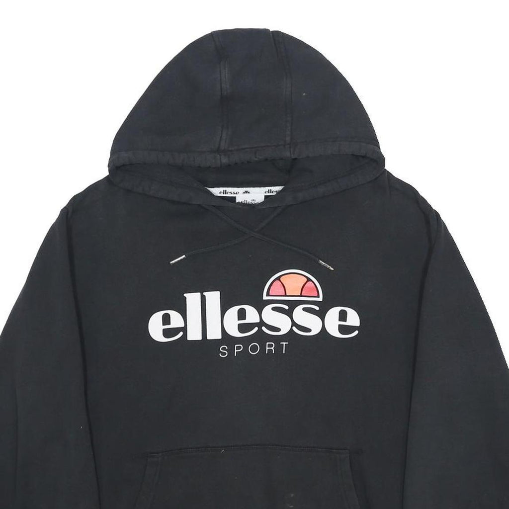 ELLESSE Womens Black Hoodie UK 14 Cotton Blend Pullover Logo Sport Sweatshirt