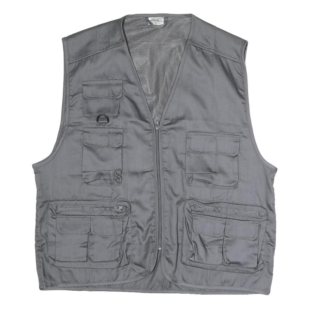 Mens Grey Utility Zip Jacket XL Polyester Blend Plain Multi Pocket Workwear Vest