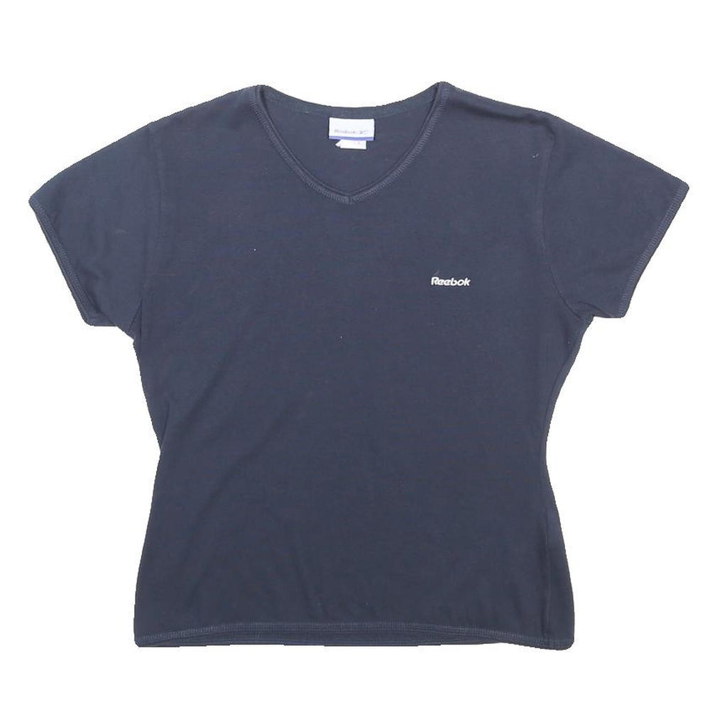 REEBOK Womens Navy Blue Classic T-Shirt UK 14 Short Sleeve V-Neck Cotton Blend