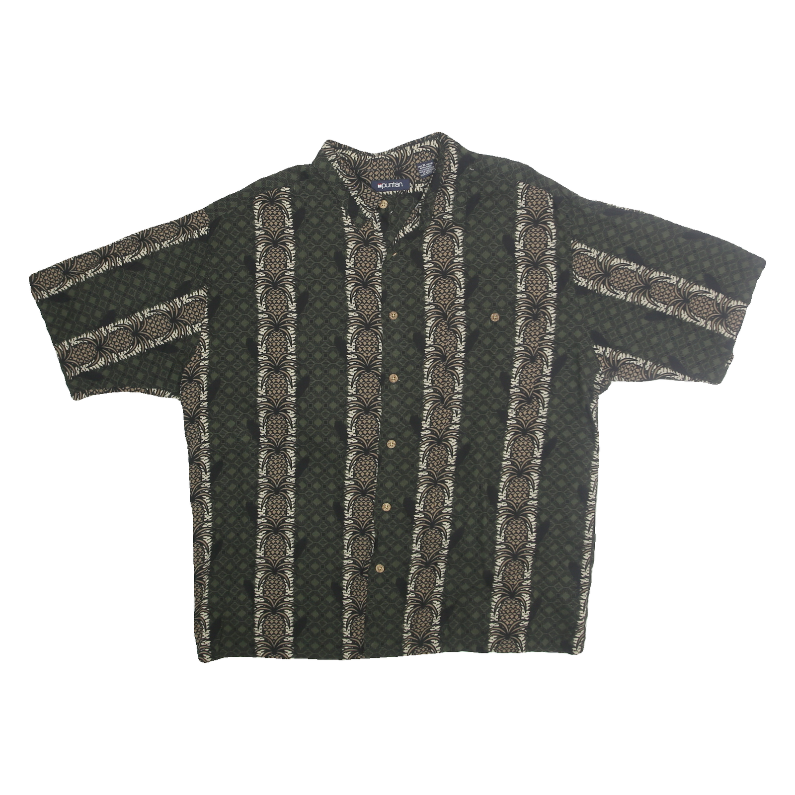 PURITAN Mens Green & Cream Printed Rayon Shirt XL Comfortable Relaxed Fit Summer