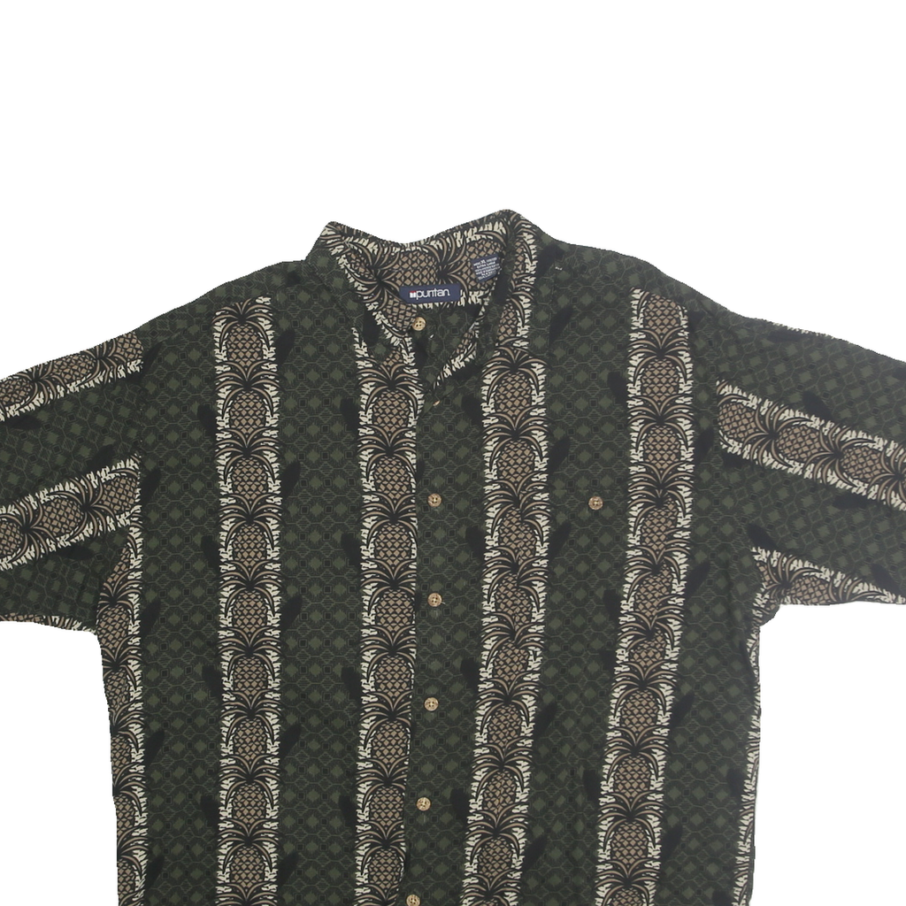 PURITAN Mens Green & Cream Printed Rayon Shirt XL Comfortable Relaxed Fit Summer