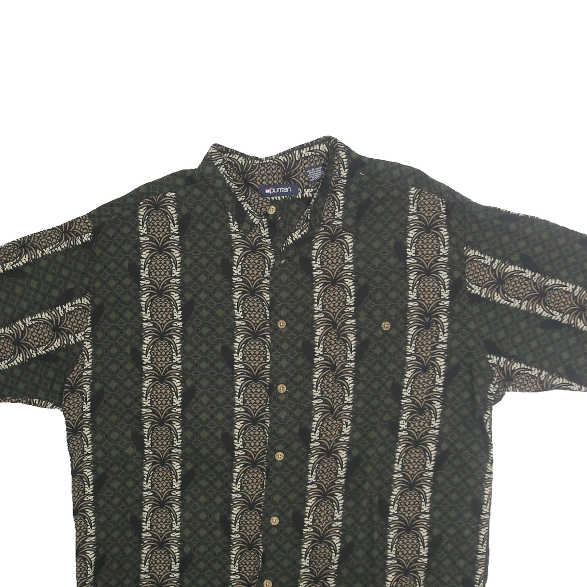 PURITAN Mens Green & Cream Printed Rayon Shirt XL Comfortable Relaxed Fit Summer