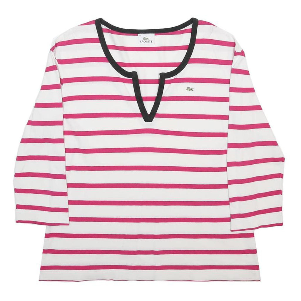 LACOSTE Womens White & Pink Striped Top 3/4 Sleeve Scoop Neck XL Cotton Blend