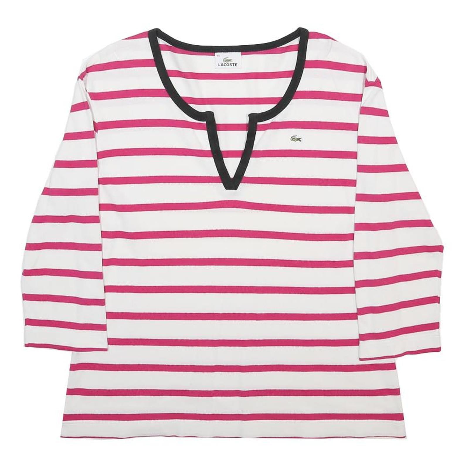 LACOSTE Womens White & Pink Striped Top 3/4 Sleeve Scoop Neck XL Cotton Blend